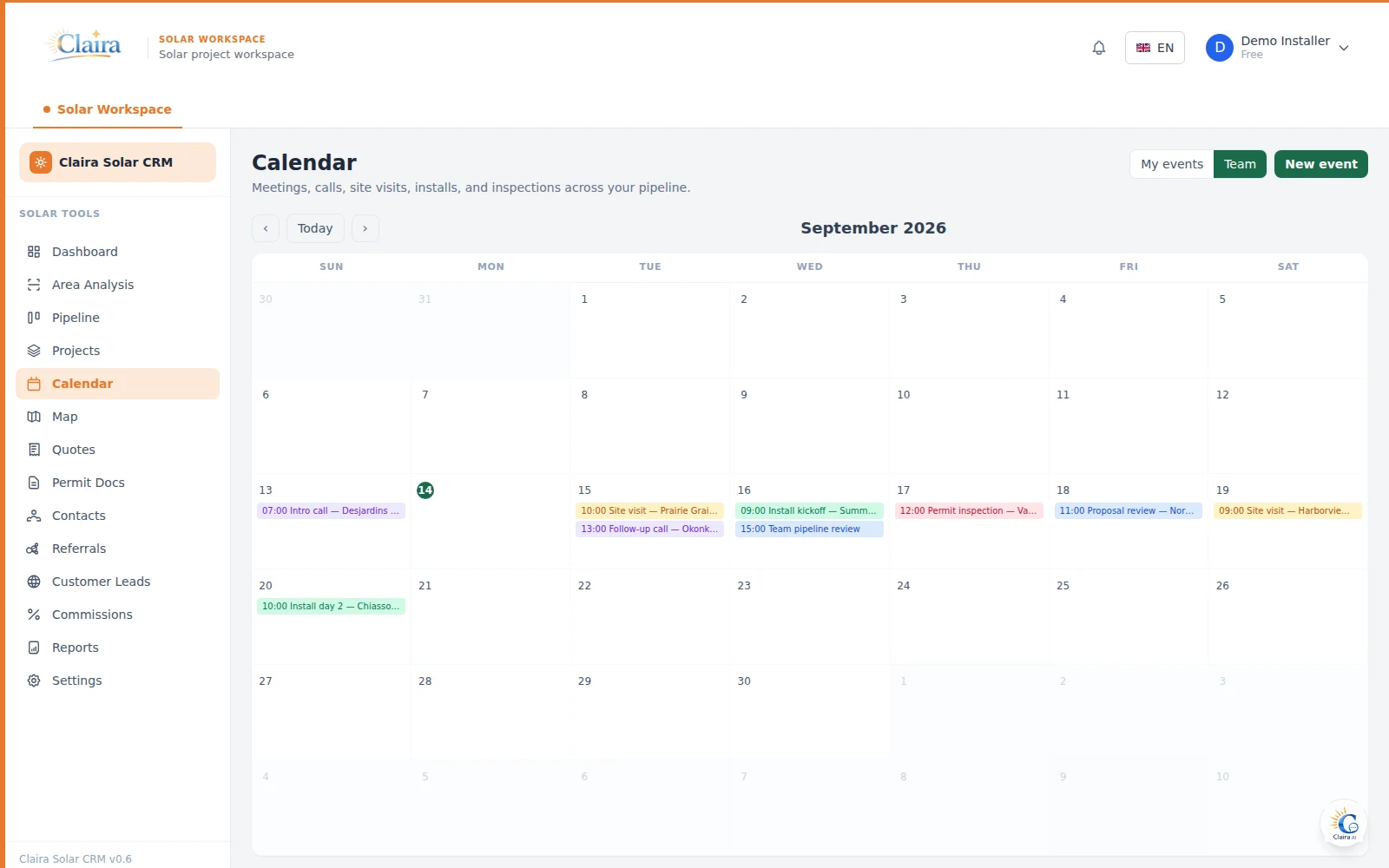 Solar CRM calendar