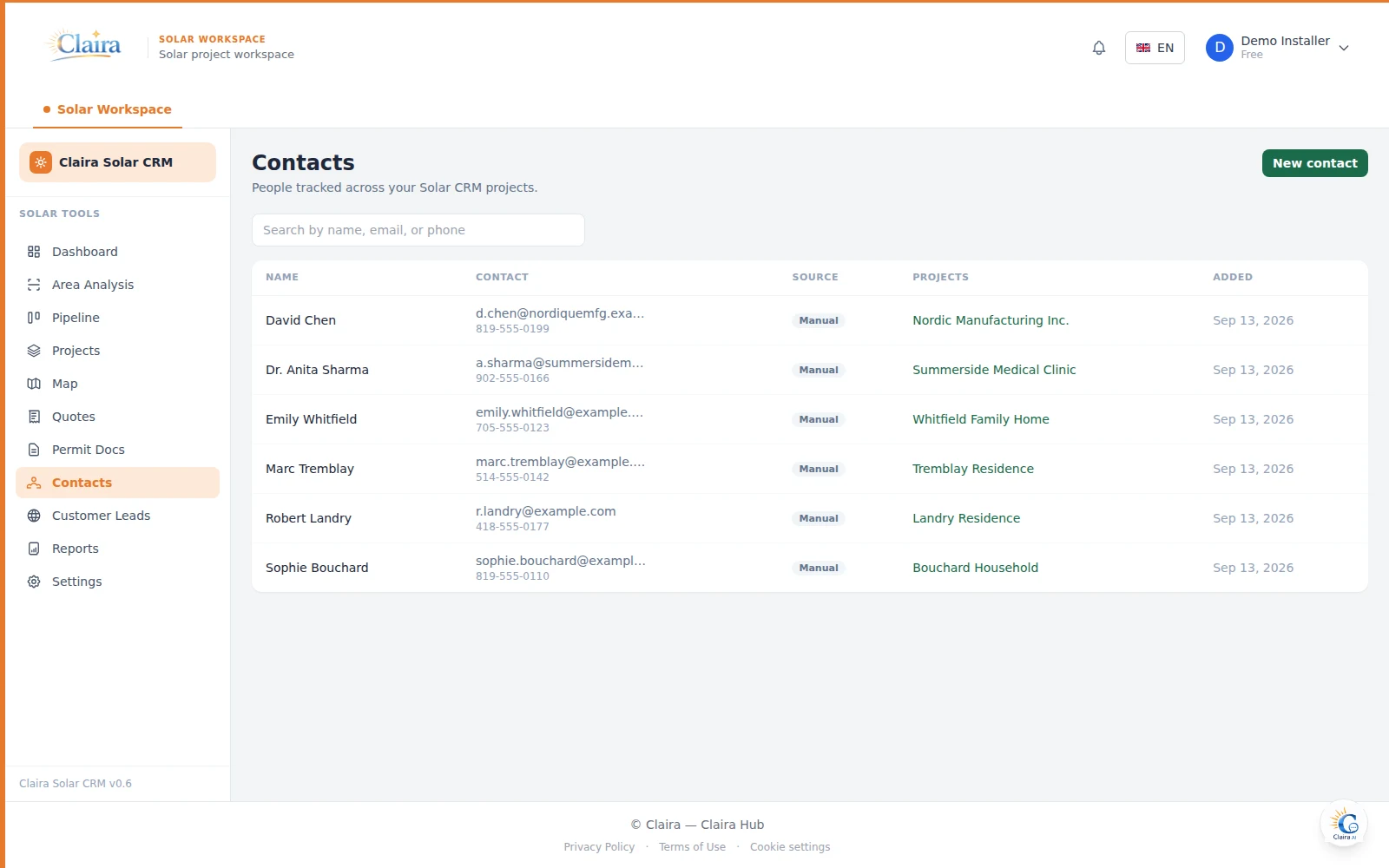 Solar CRM contacts directory