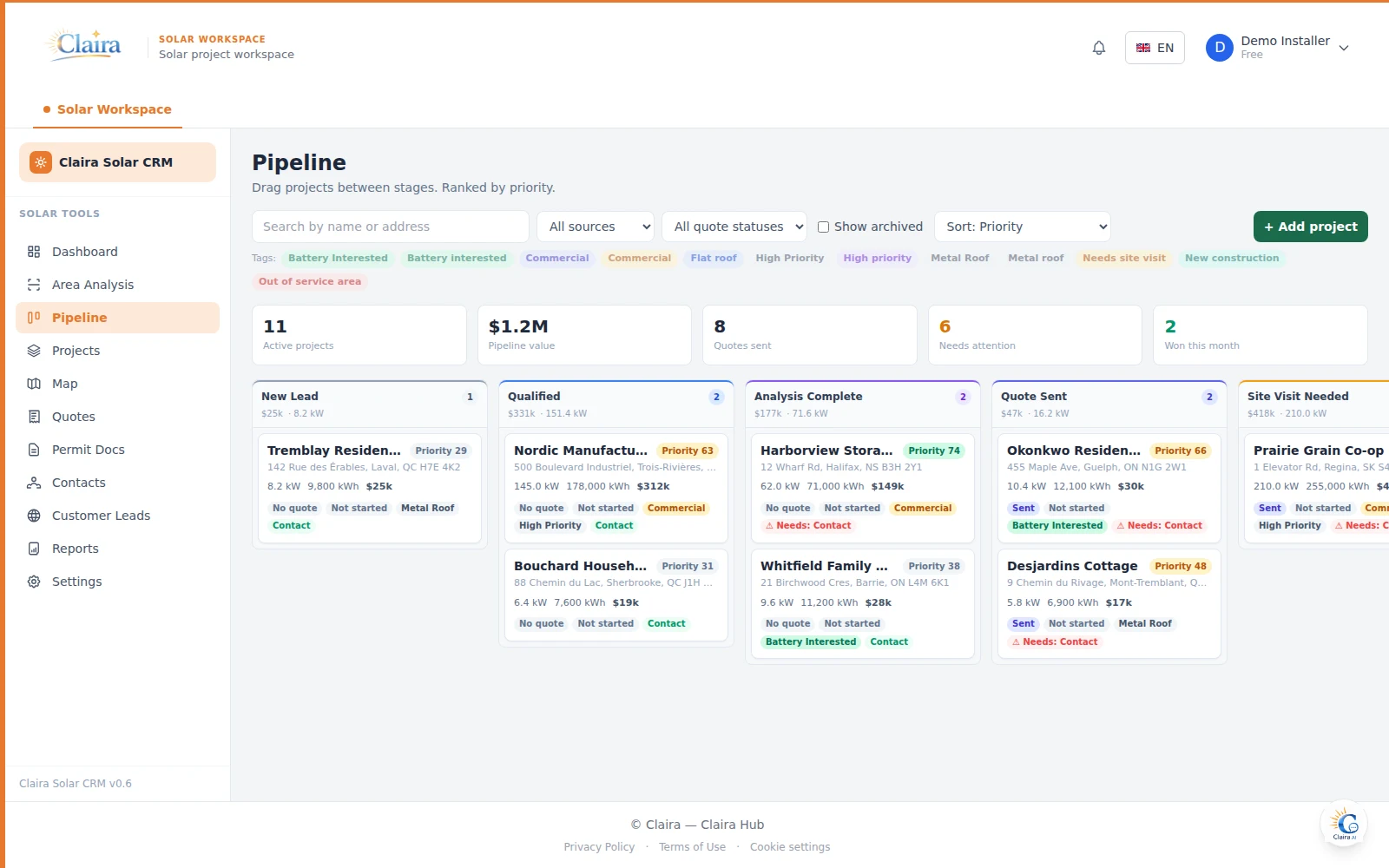 Solar CRM pipeline board