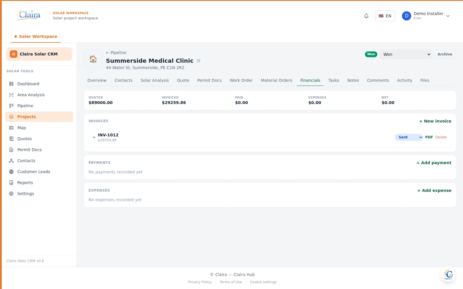 Solar CRM project financials