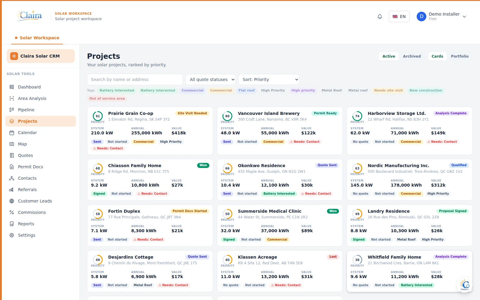 Solar CRM projects list view