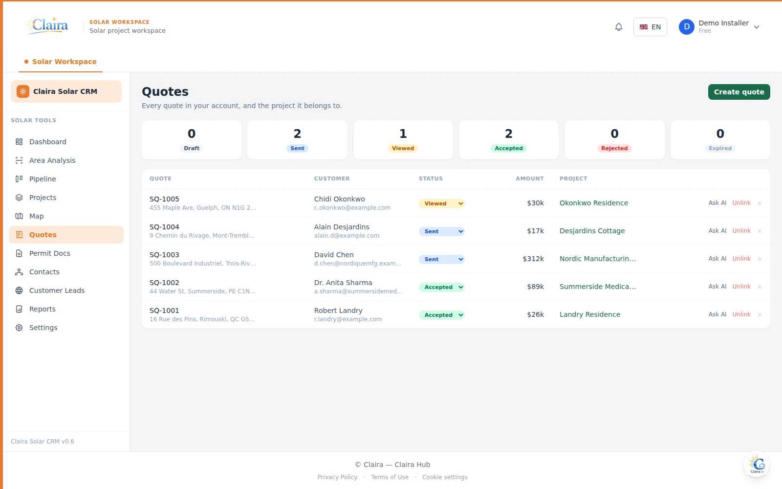 Solar CRM quotes inbox