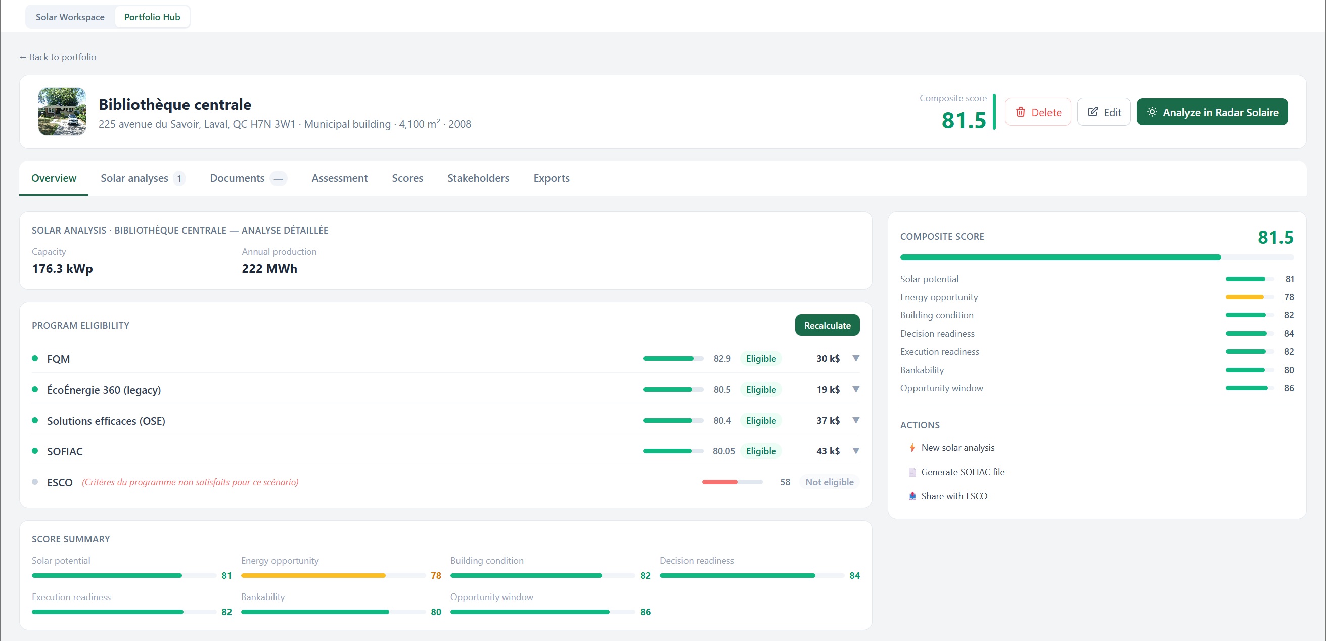 Asset workspace showing solar production, configurable scoring, program eligibility, decision readiness, and next actions.