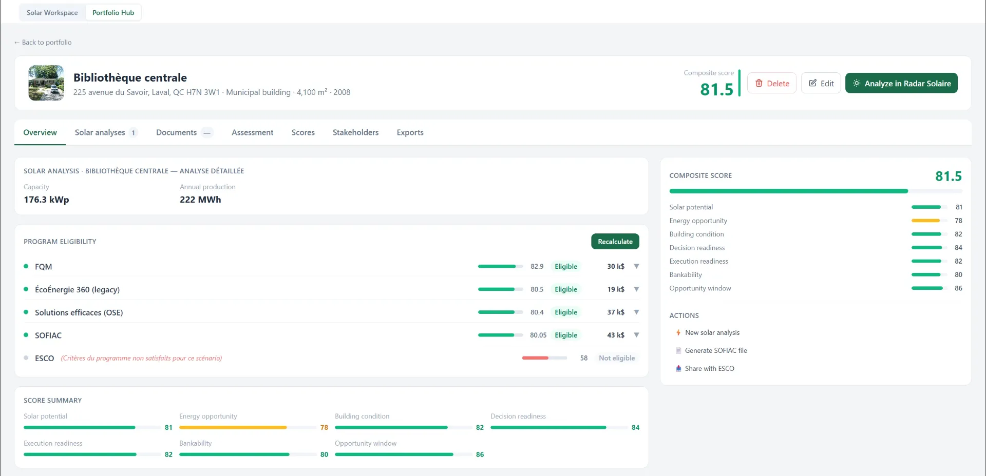 Claira Hub asset scoring and financing program eligibility view