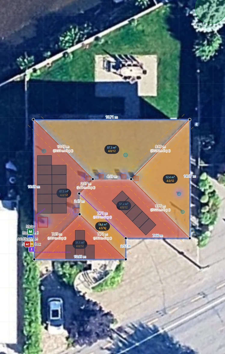 2D top-down roof review with measurements and panel layout