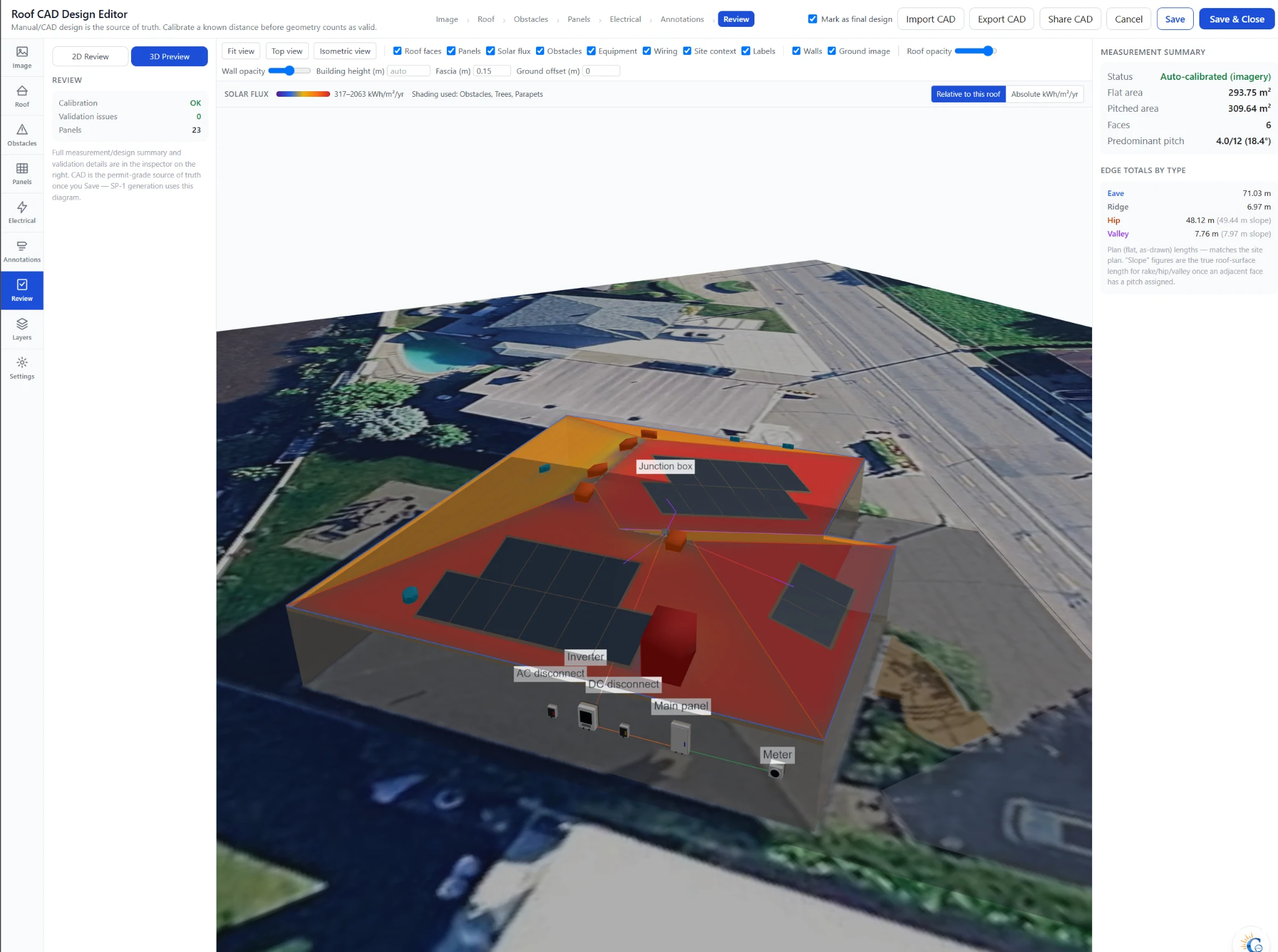 3D Roof CAD Design Editor preview with equipment and solar flux overlay