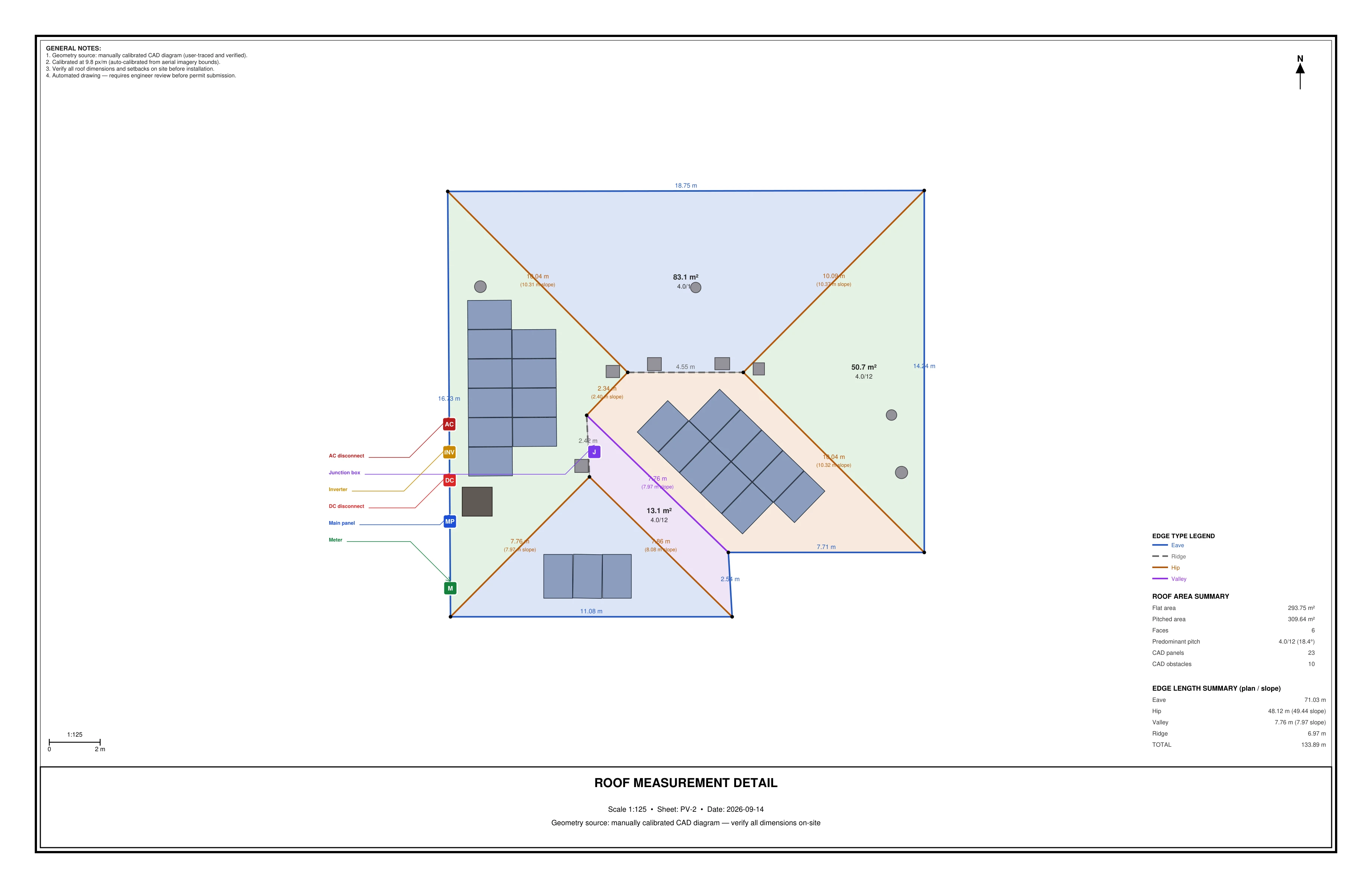 Roof CAD measurement detail with panel layout